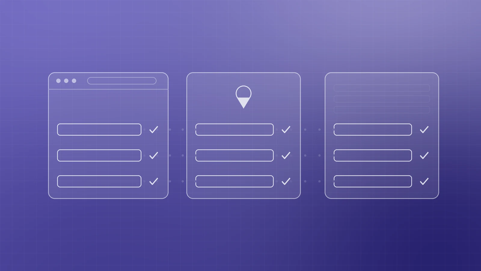 Illustration of a website, a profile card with a location pin and a directory listing whose matching rows are all ticked, representing consistent business details