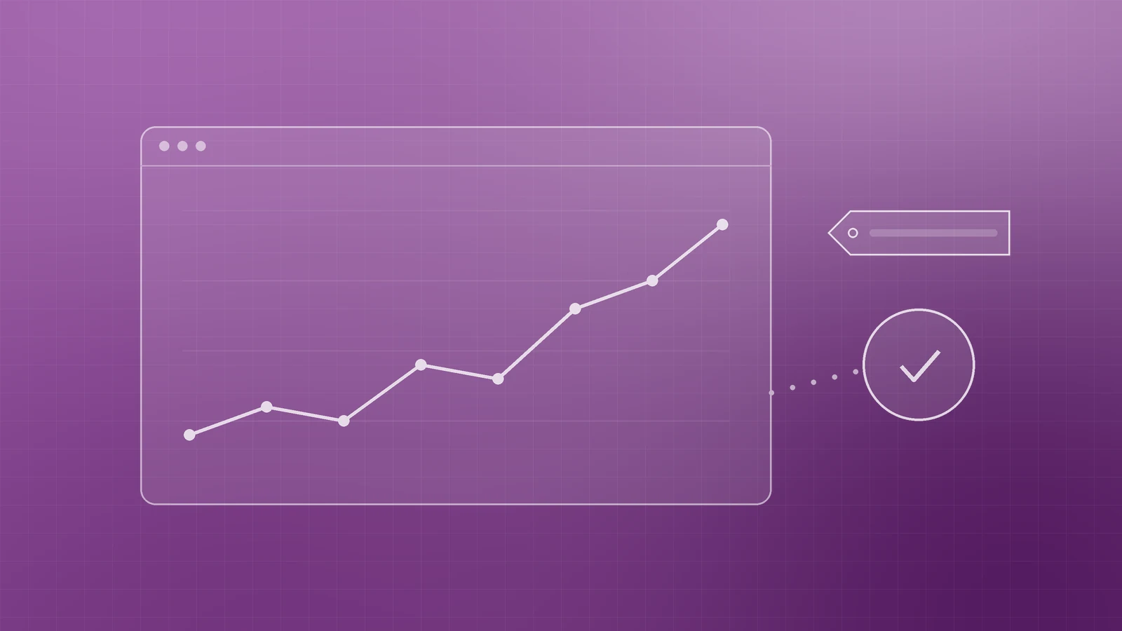Illustration of a dashboard with a rising line chart beside a referral tag and a goal check mark, representing measuring traffic from AI search