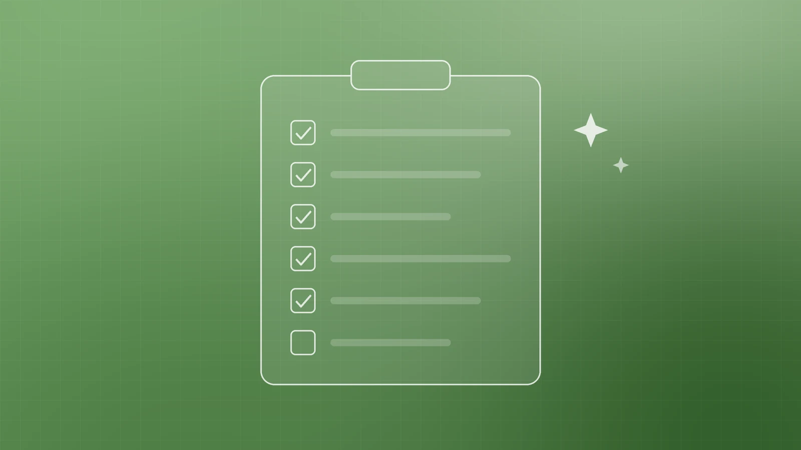 Illustration of a clipboard with a column of ticked boxes and two sparkles, representing an AI search visibility checklist