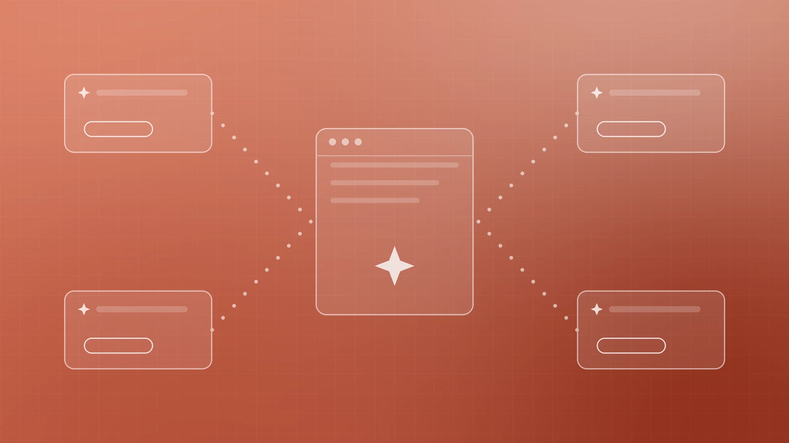 Illustration of one central web page with a sparkle linked by dotted lines to four answer cards, representing a website that AI answers cite as their source