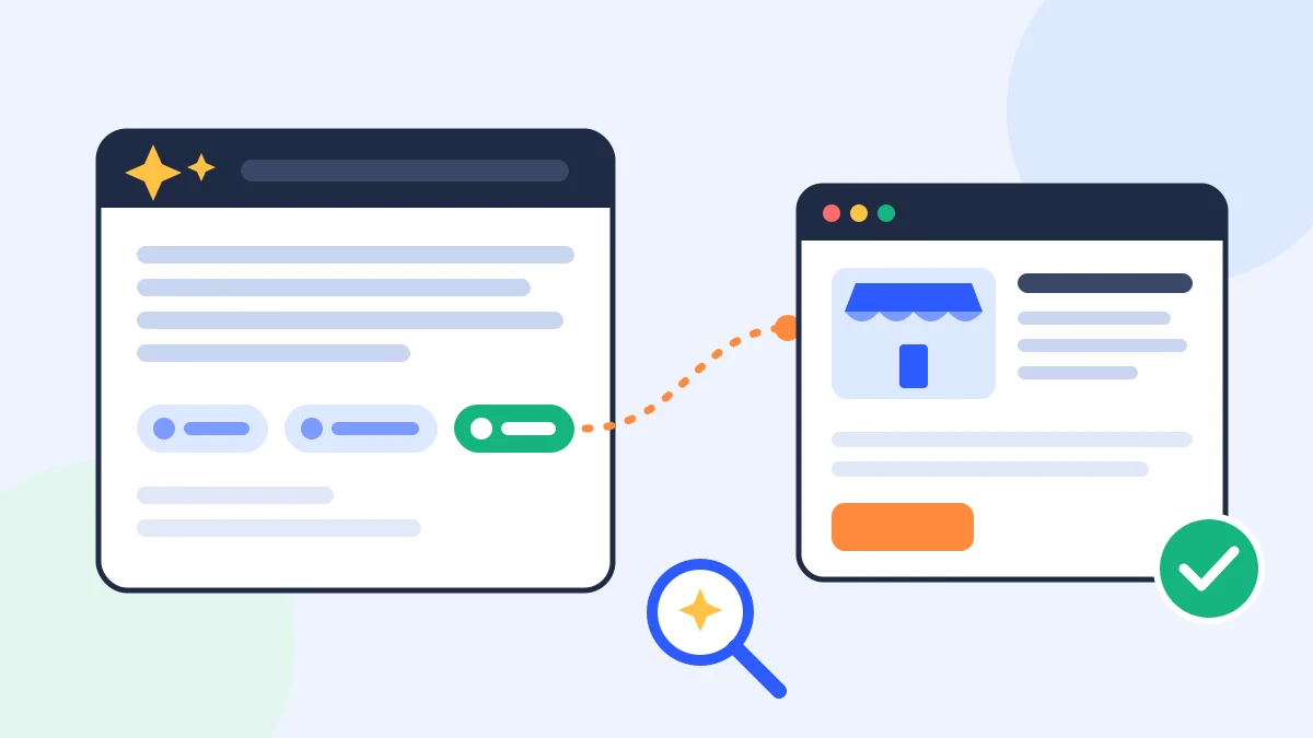 Flat illustration of an AI answer card pulling linked sources from a business website