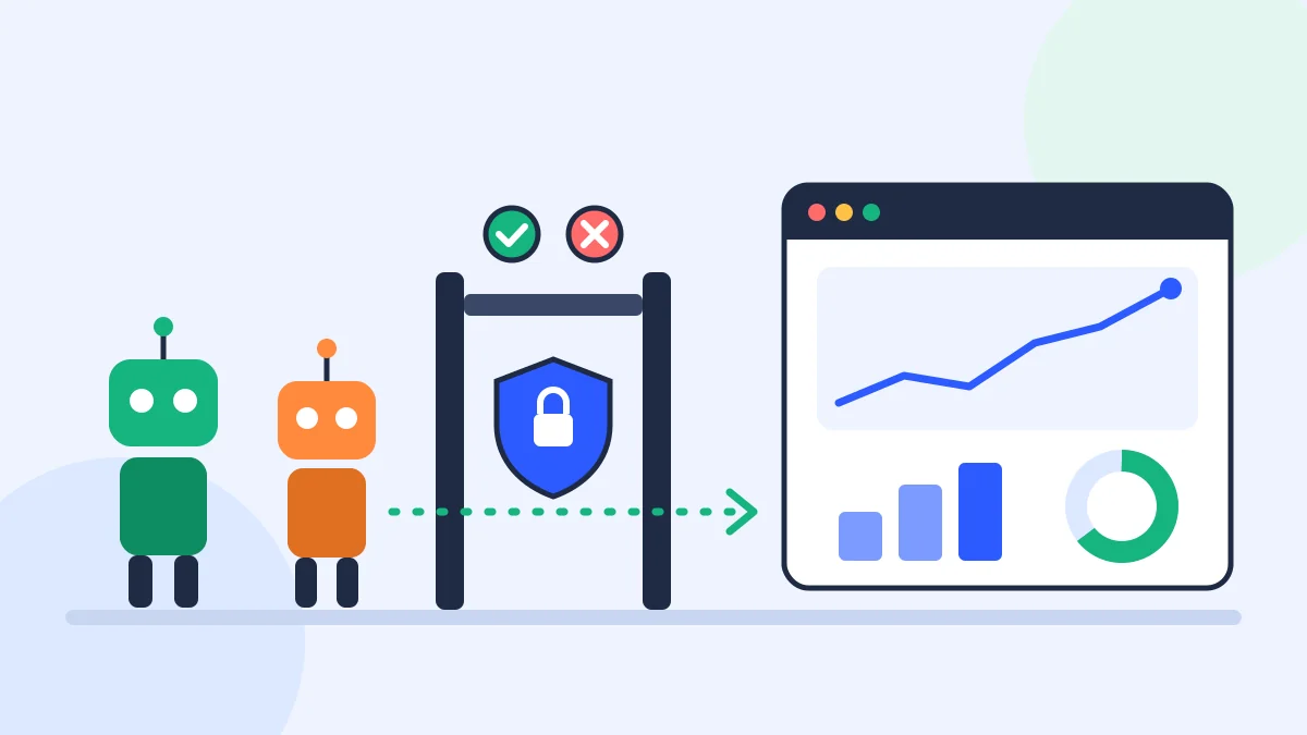 Flat illustration of a website protected by a gate that lets selected crawler robots through while measurement charts track results