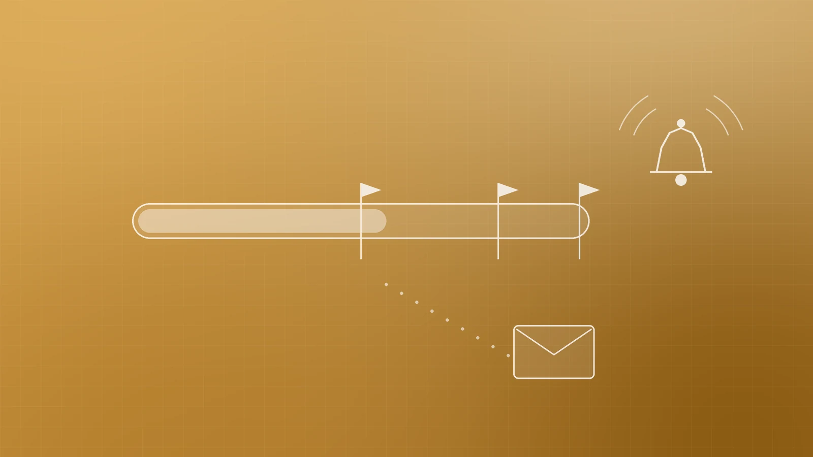 Illustration of a spend track with three threshold flags, an email envelope and a ringing alert bell, representing cloud budgets and cost alerts