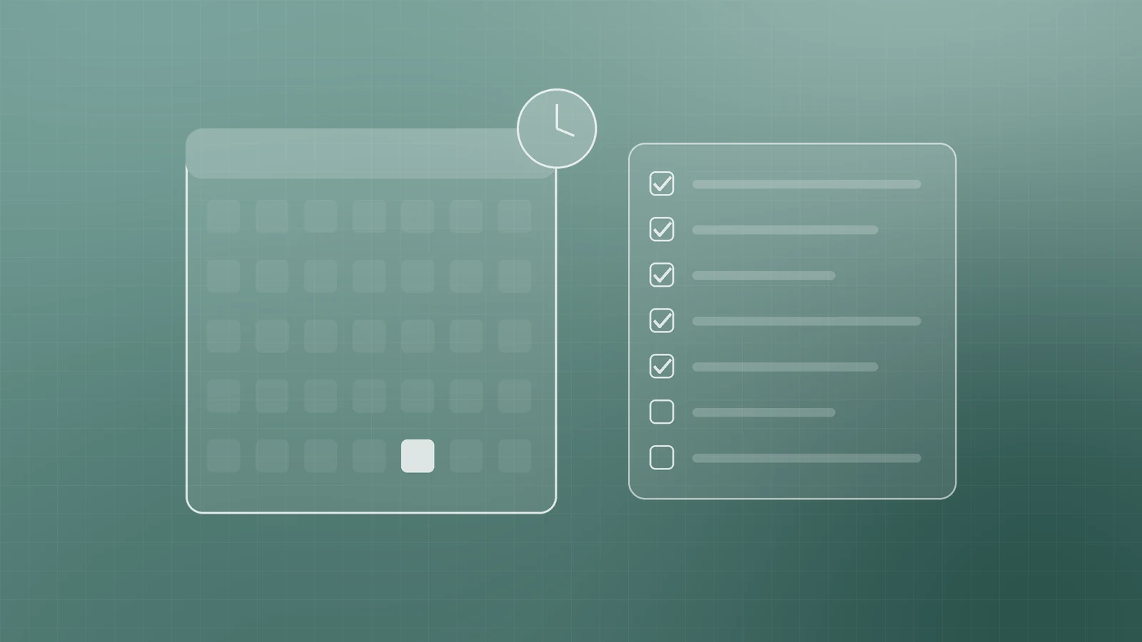 Illustration of a month calendar with a clock and a checklist with ticked items, representing a monthly cloud cost review
