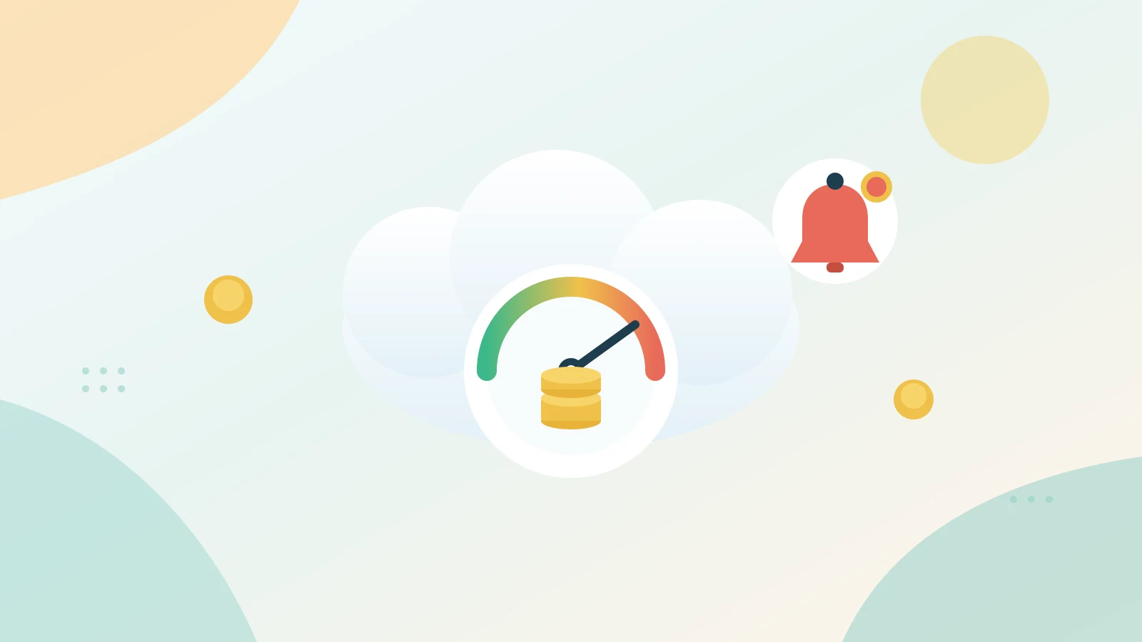Flat illustration of a cloud with a coin meter gauge and a cost alert bell