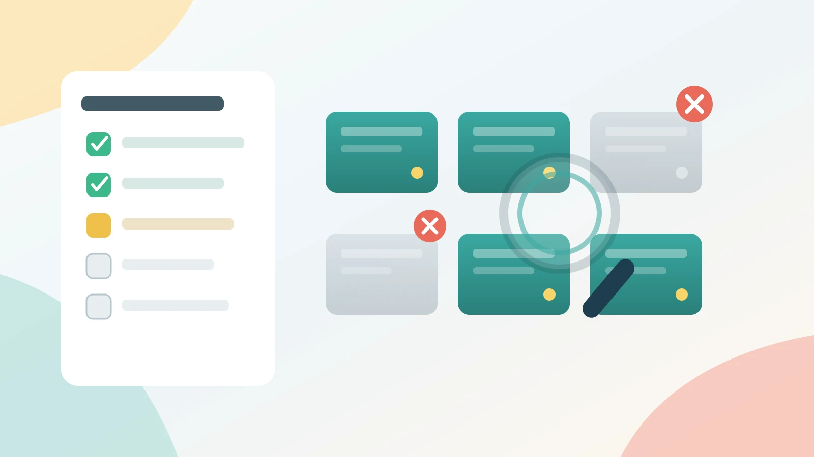 Flat illustration of a checklist and magnifying glass over server blocks with idle ones being removed