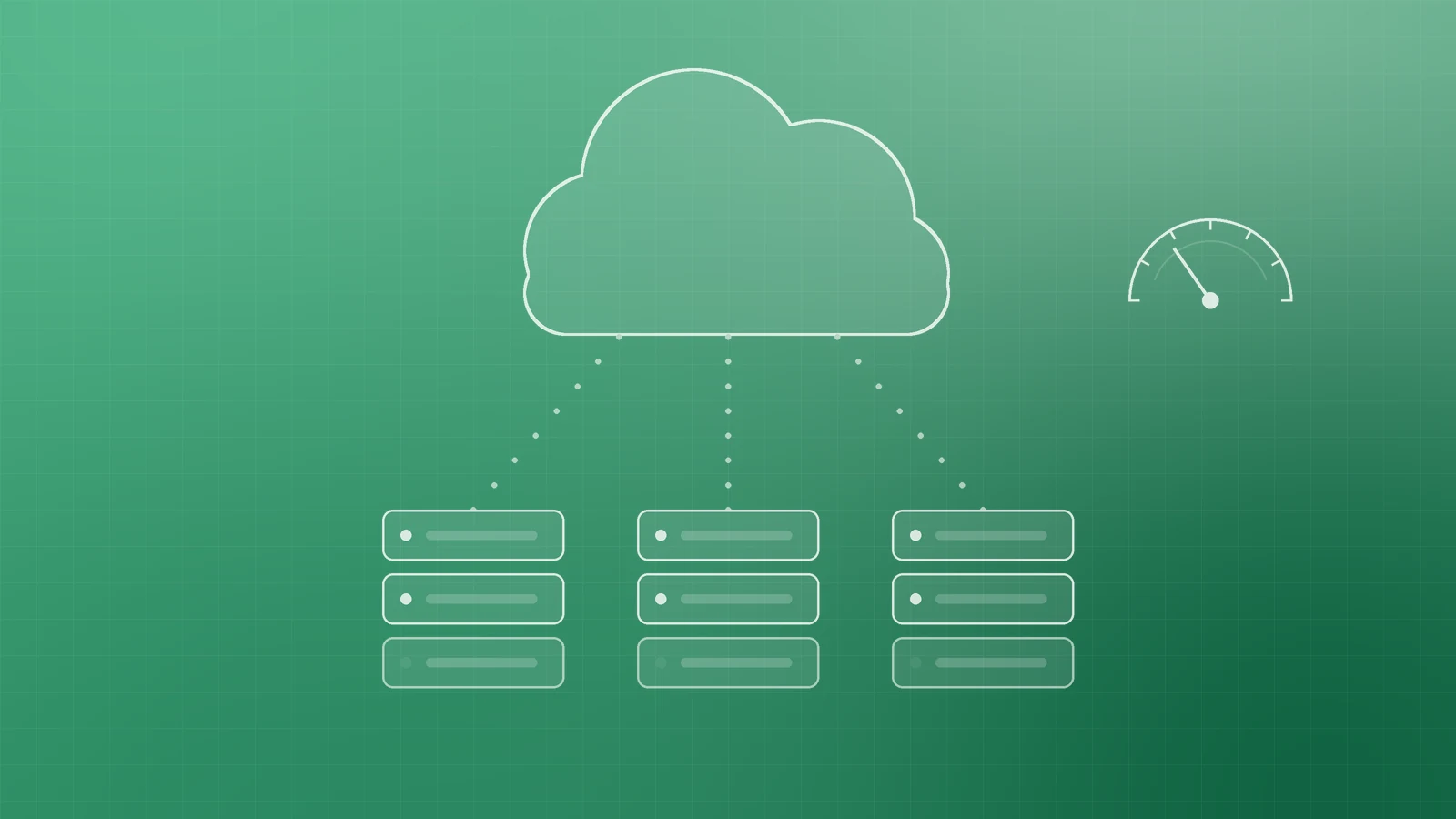 Abstract jade-green illustration of a cloud linked by dotted lines to three server stacks beside a meter dial, representing control over cloud and hosting bills