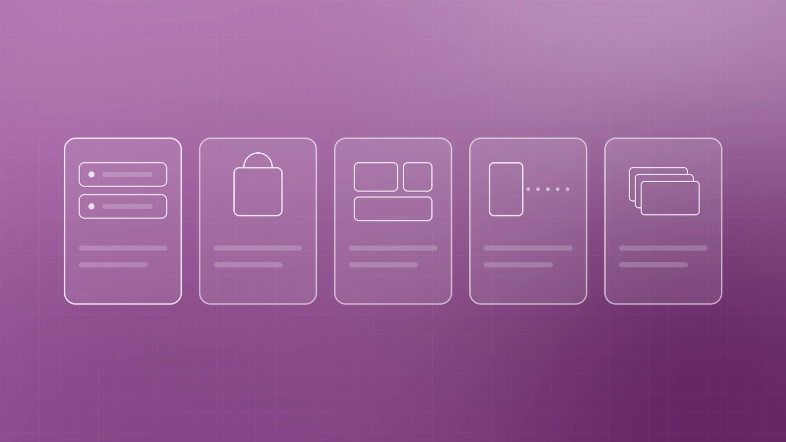 Illustration of five cards in a row, a server stack, a shopping bag, building blocks, a page linked by dots and stacked pages, representing the main types of CMS