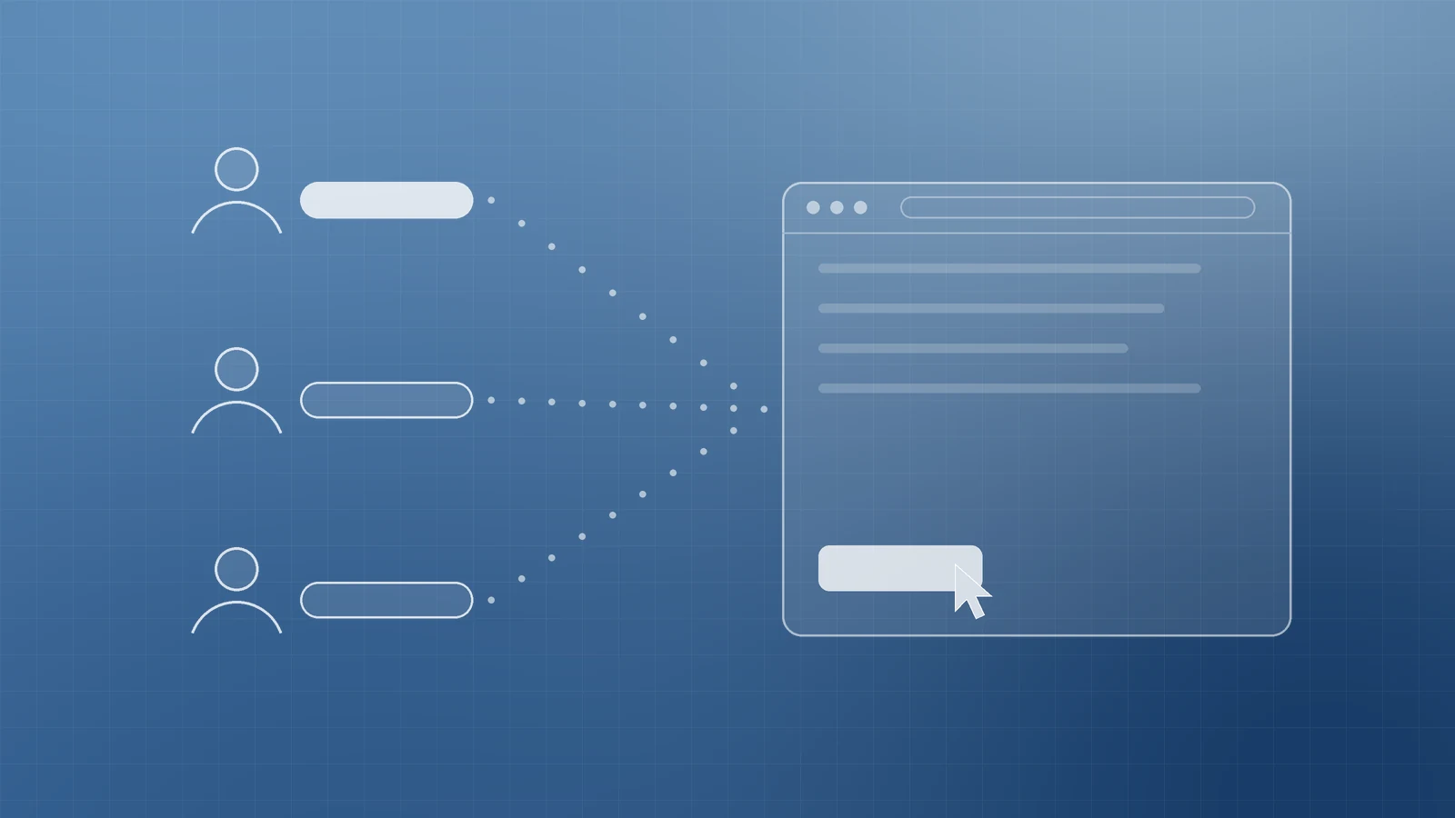 Illustration of three people with role pills linked by dotted lines to one editor window with a cursor on its publish button, representing who will edit the site
