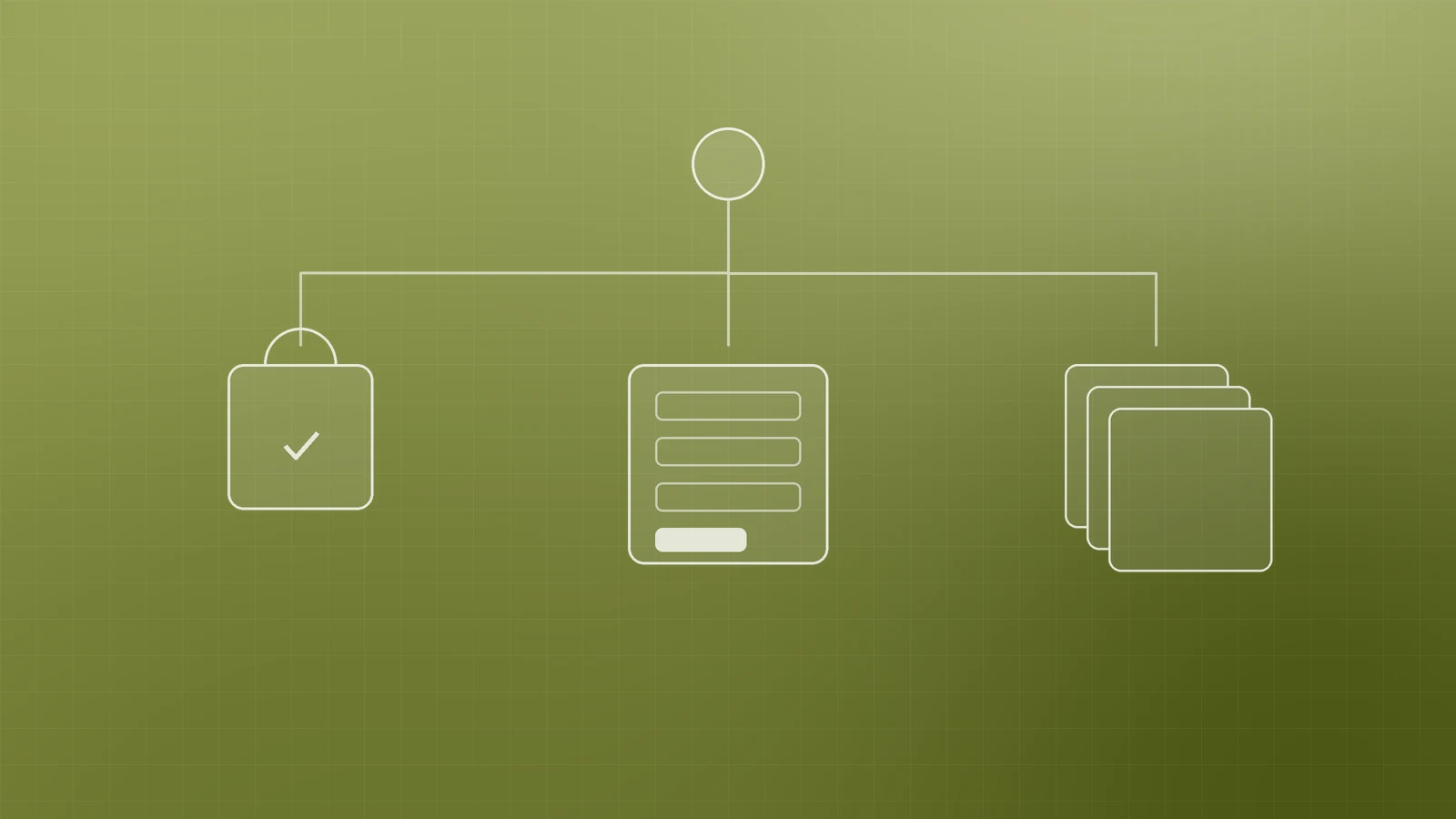 Illustration of one point branching to a shopping bag, a lead form and a stack of pages, representing matching the CMS to the business model