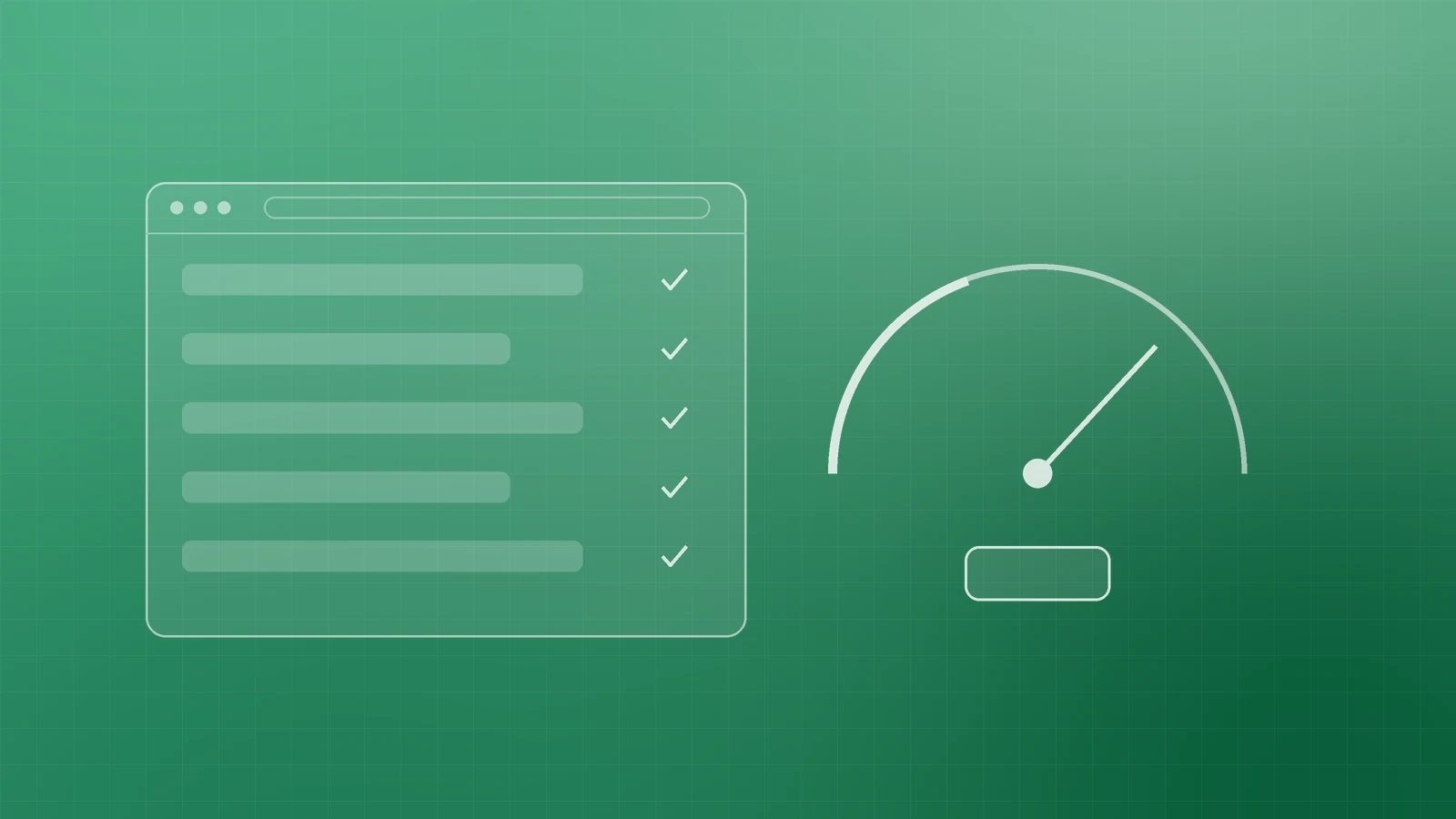 Illustration of a browser window with ticked settings rows beside a speed gauge, representing SEO controls and page performance