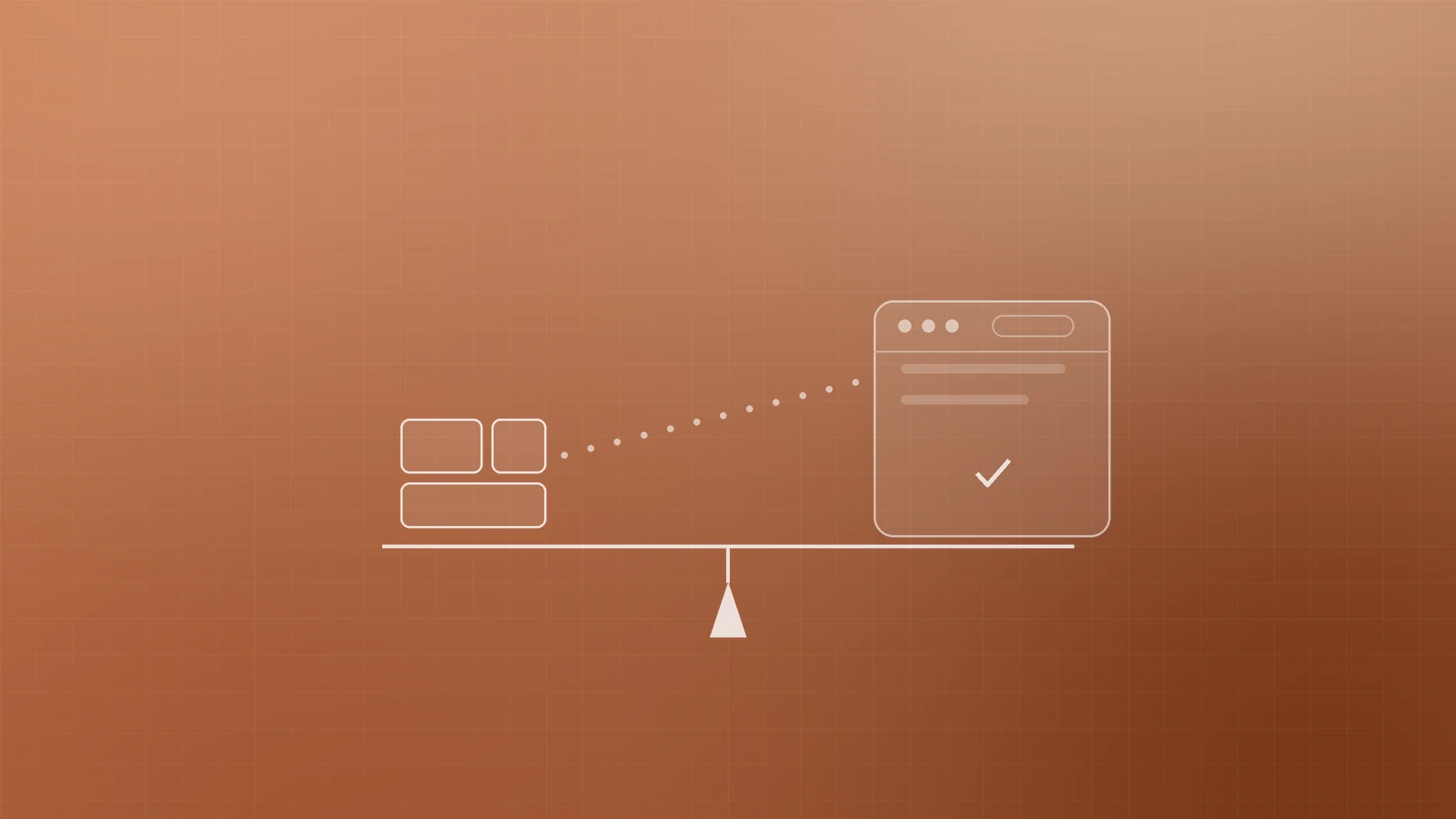 Abstract copper illustration of website building blocks and a browser window balanced on a beam, joined by a dotted line, representing choosing the right CMS