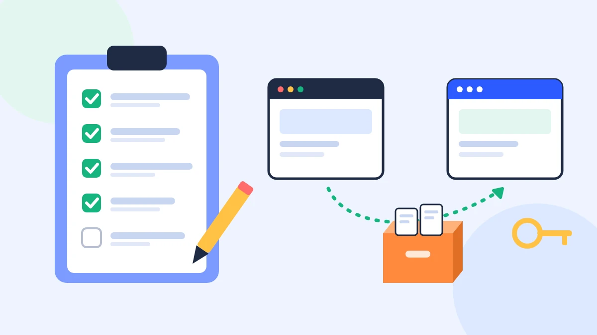 Flat illustration of a clipboard checklist next to a box of website content being moved safely between platforms