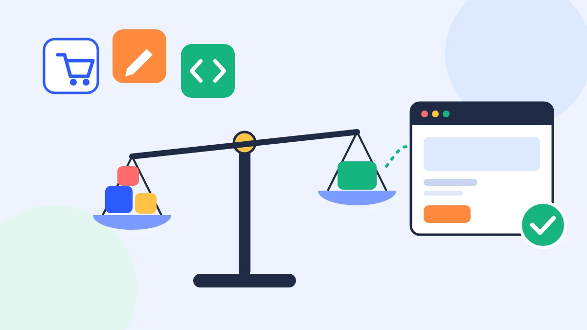 Flat illustration of several website building blocks on a scale, with a browser window choosing the best fit