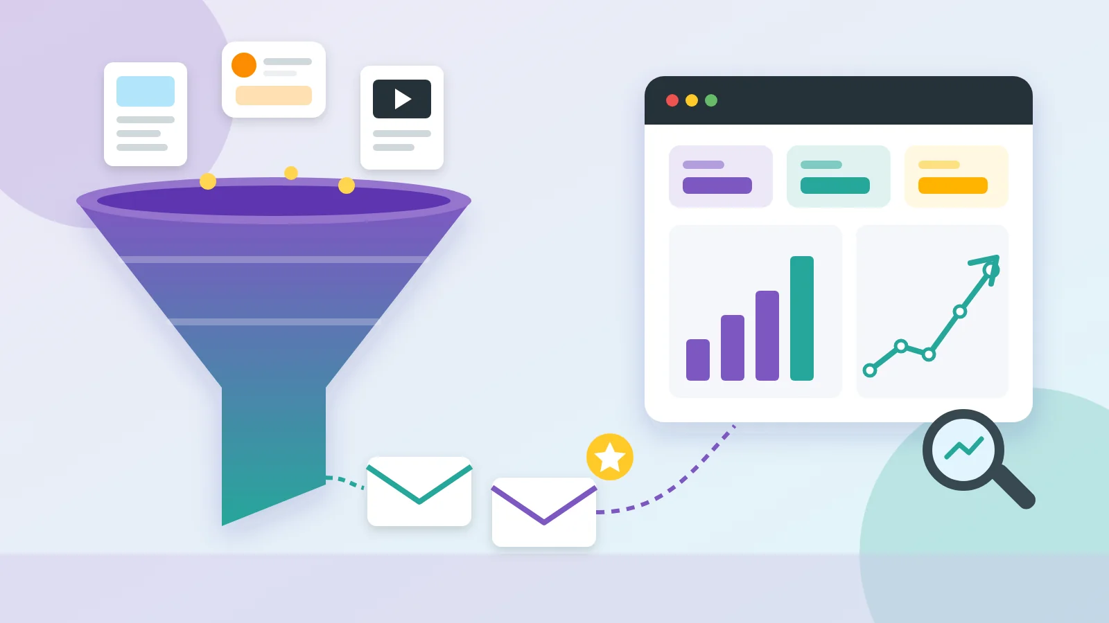 Flat illustration of a content funnel turning blog and social posts into tracked enquiries and leads, alongside a simple metrics dashboard with bar and line charts