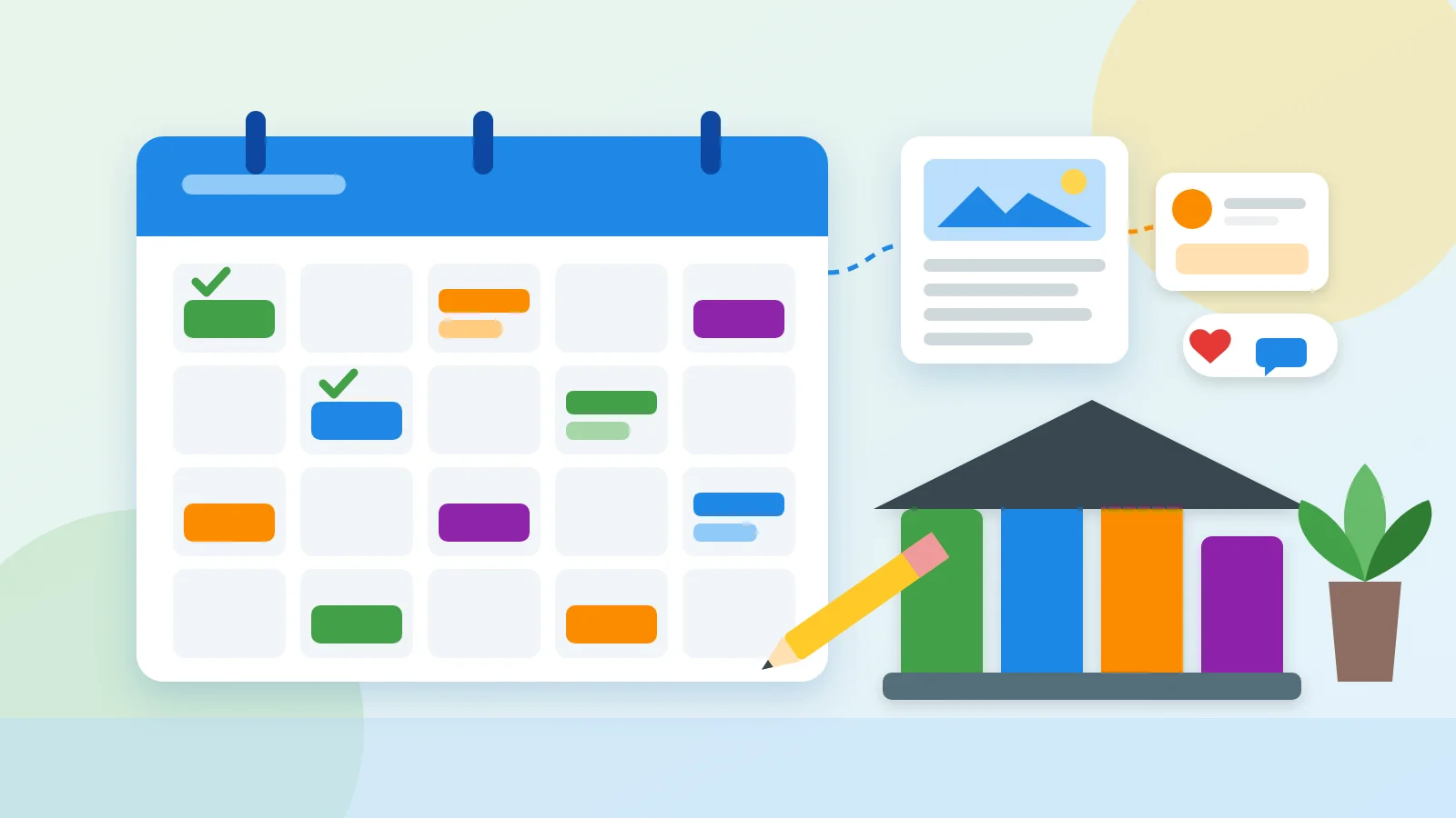 Flat illustration of a content calendar with colour-coded topic pillars, a blog post and social media cards being planned for the week, representing a simple content marketing plan