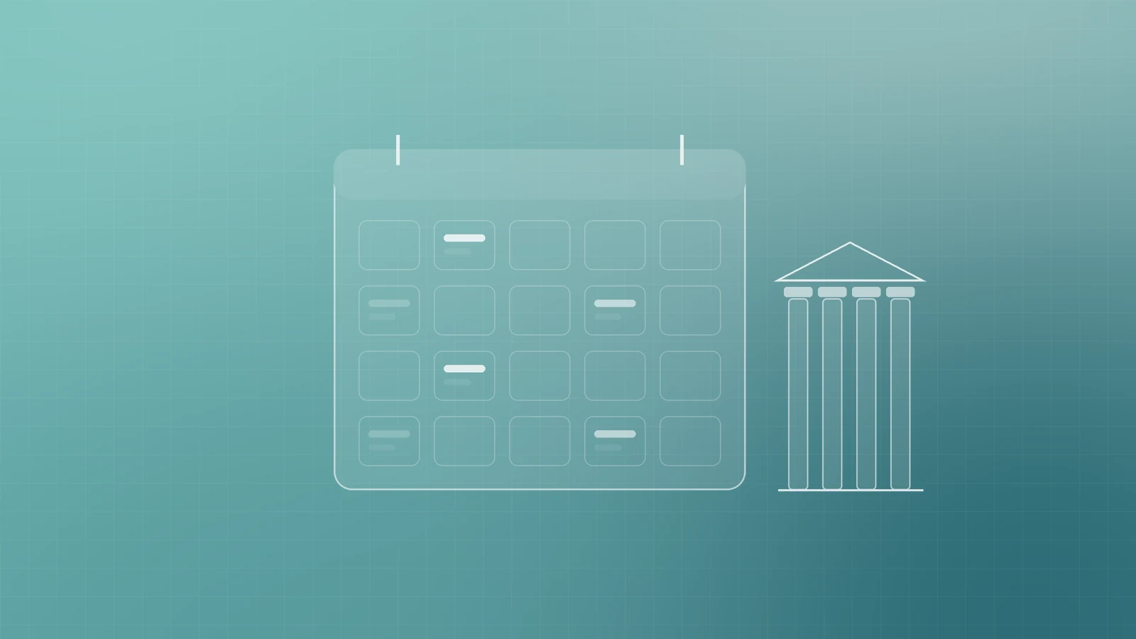 Abstract teal illustration of a content calendar grid beside a row of pillars, representing a simple content marketing plan