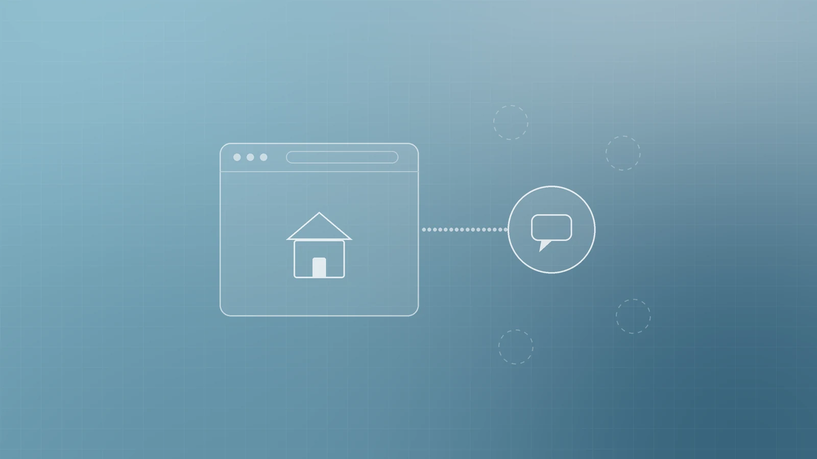 Illustration of a single website window with a home icon connected by a dotted line to one chat bubble, with several faint dashed circles left unused, representing focusing on one home base and one distribution channel