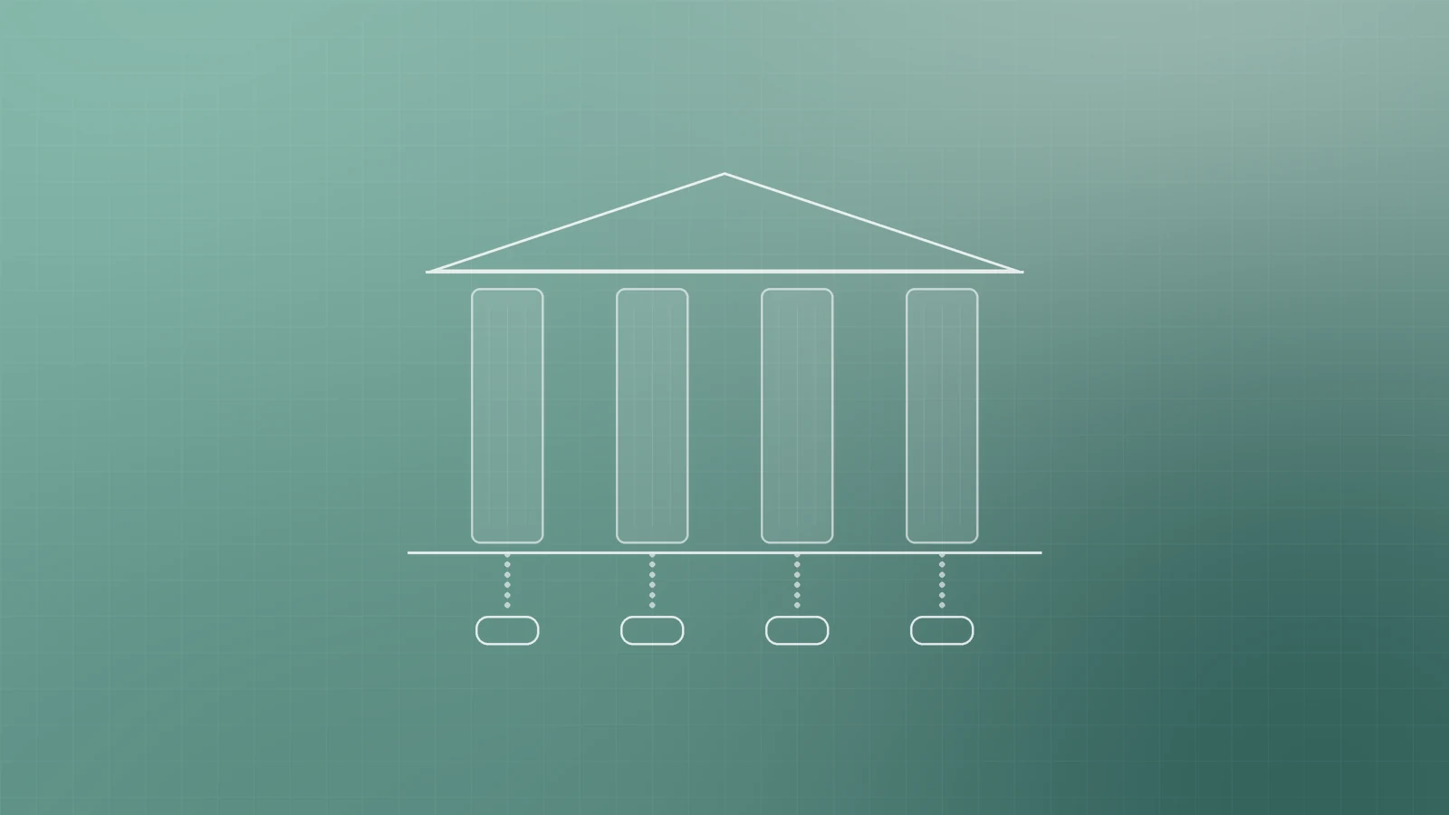Illustration of four columns holding up a roof, each linked by a dotted line to a tag below, representing topic pillars that connect to what a business sells