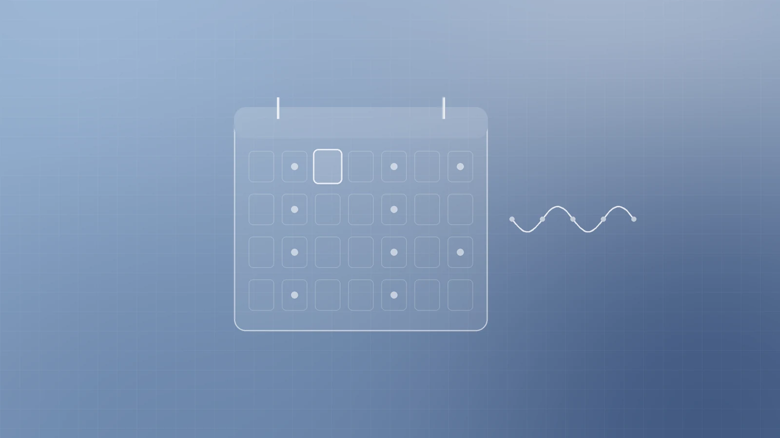 Illustration of a monthly calendar with one highlighted day and small dots repeating on the same days each week, beside a steady wave line, representing a sustainable content cadence