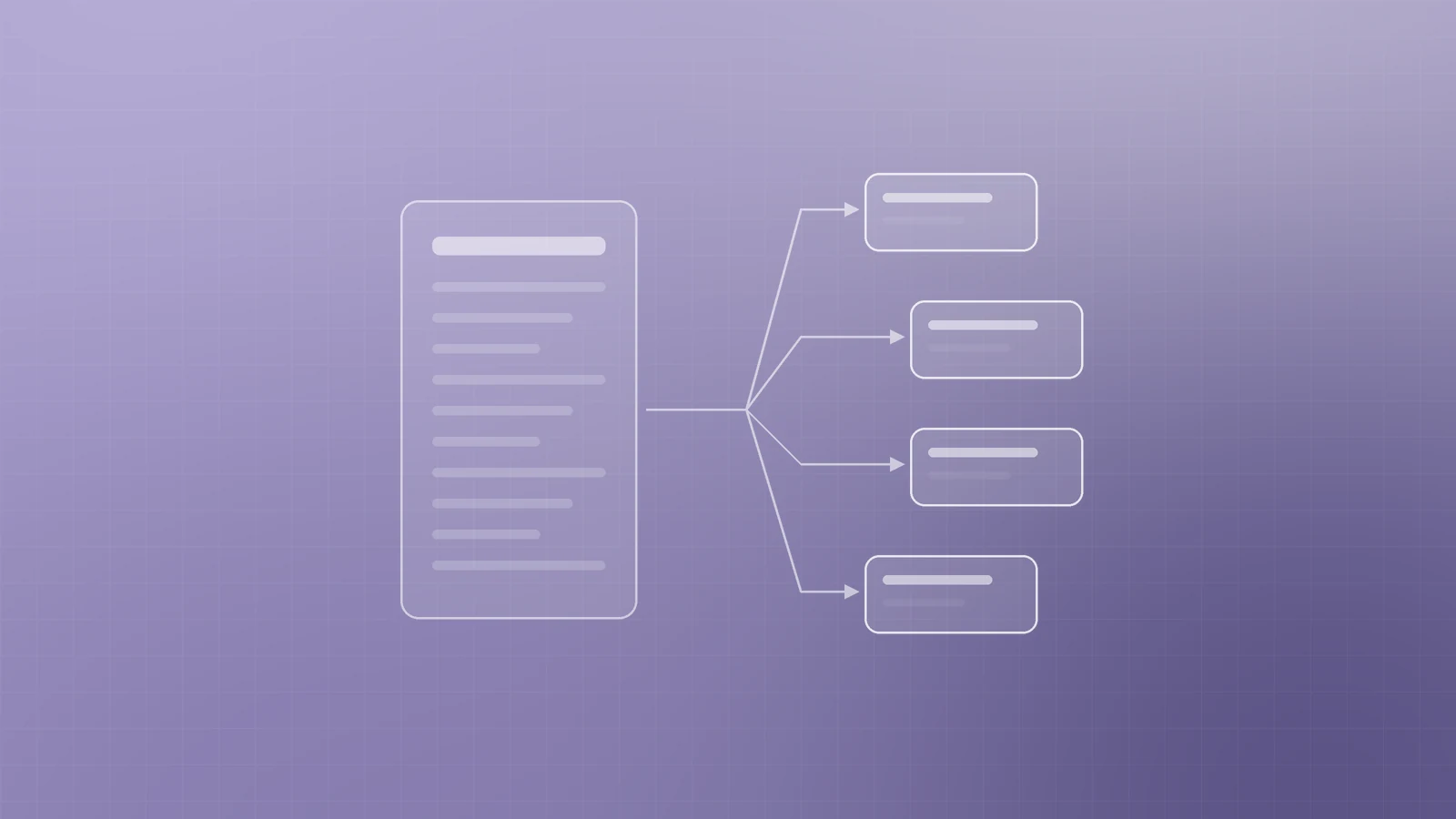 Illustration of one long document with arrows branching out to four smaller cards, representing one article repurposed into several pieces of content