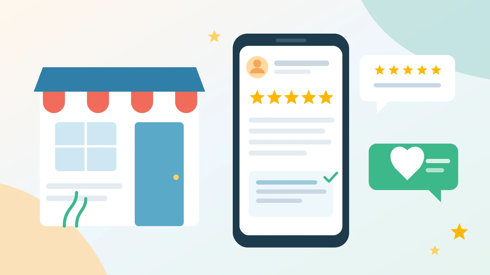 Flat illustration of a phone showing a five-star review card, beside a storefront and speech bubbles
