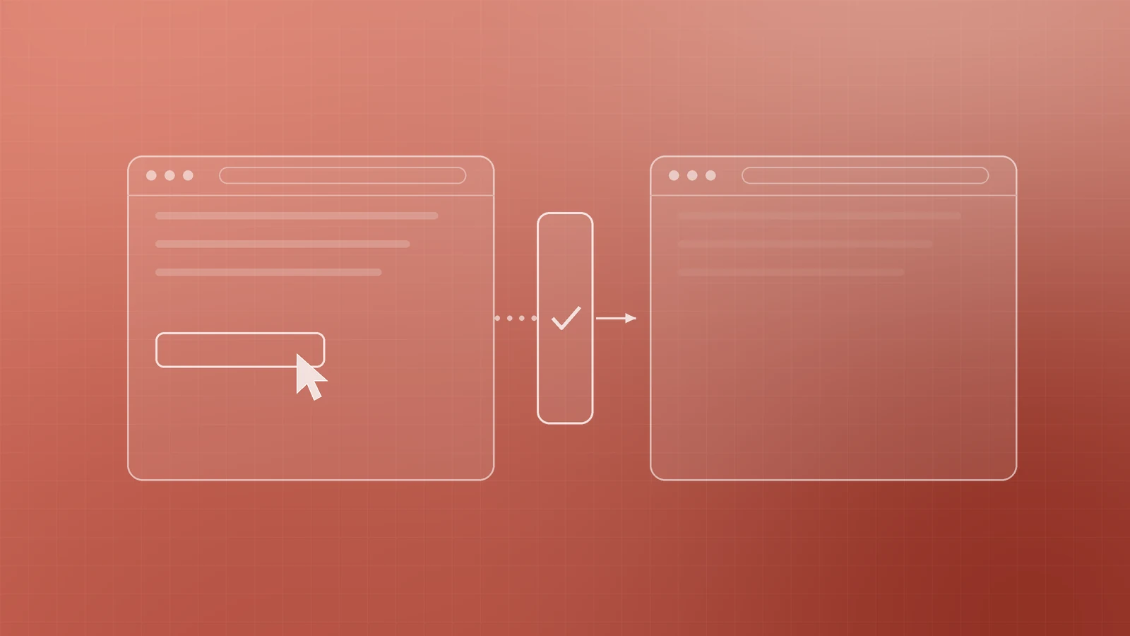 Illustration of a cursor testing a staging browser window, passing a ticked gate before a second live window, representing staging before production