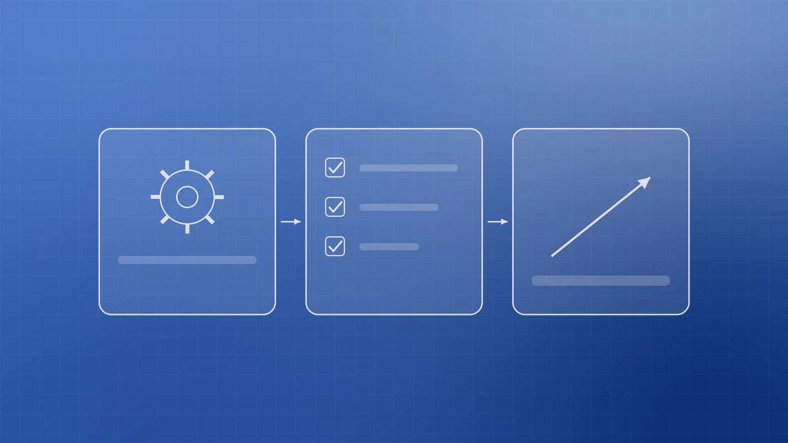 Illustration of three linked pipeline cards, a gear for build, ticked rows for tests and an upward arrow for deploy, representing an automated CI/CD pipeline