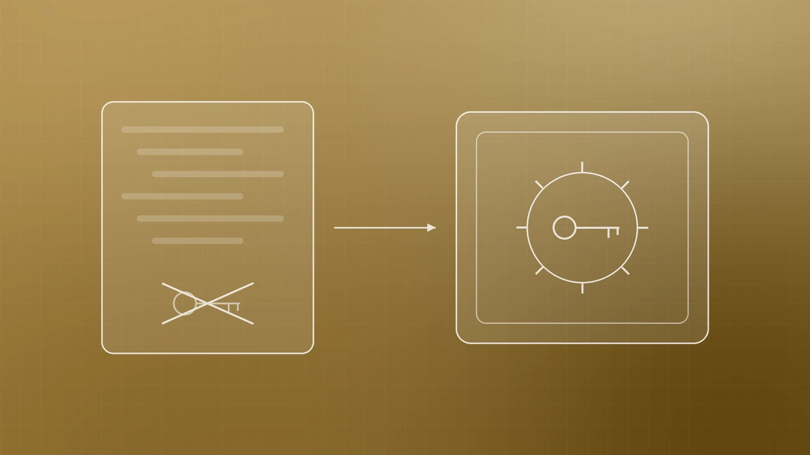 Illustration of a code document with a crossed-out key and an arrow to a vault holding the key, representing keeping secrets out of the repository