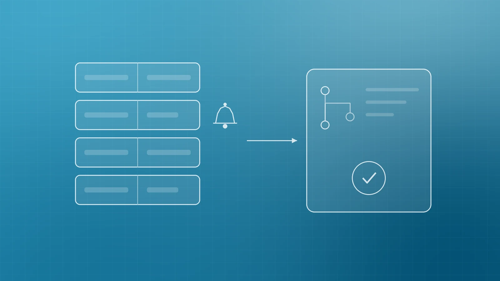 Illustration of stacked package blocks with an alert bell and an arrow to a ticked pull request card, representing dependency updates reviewed through the pipeline