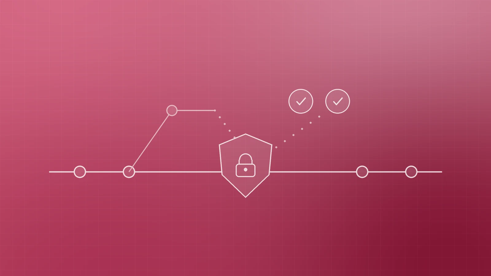 Illustration of a branch merging into a main line through a shield with a padlock, with two ticked reviewer circles above, representing a protected main branch
