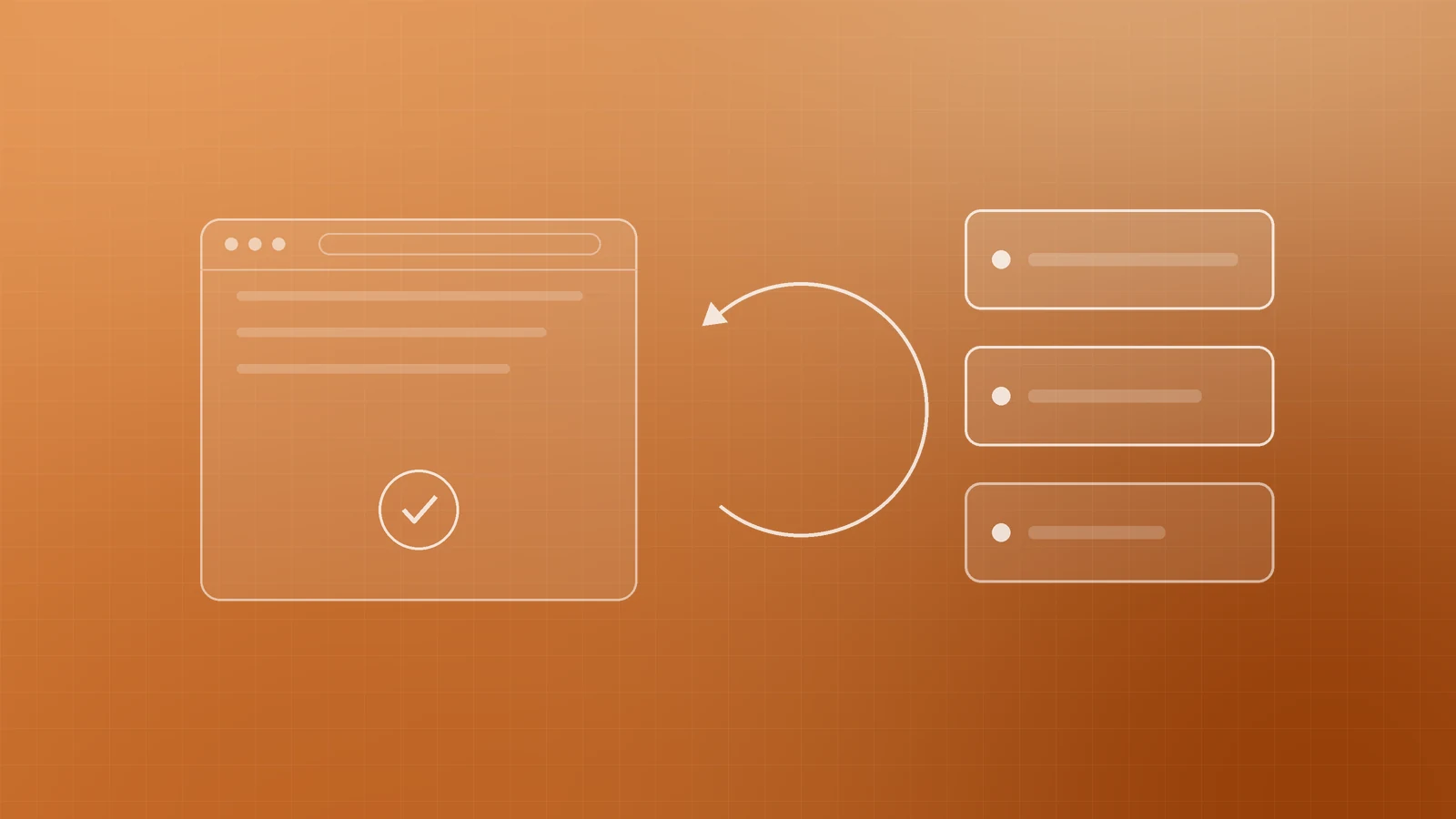 Illustration of a browser window with a tick beside a looping return arrow and three backup cards, representing backups, rollback and a live smoke check