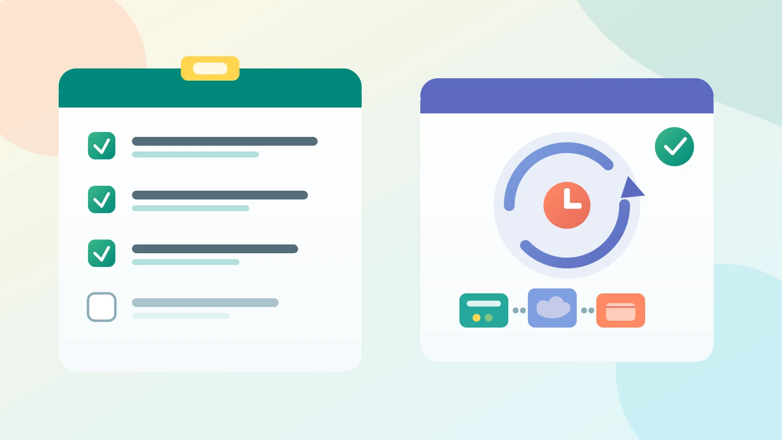 Flat illustration of a deploy checklist board beside a rollback dial and backup copies