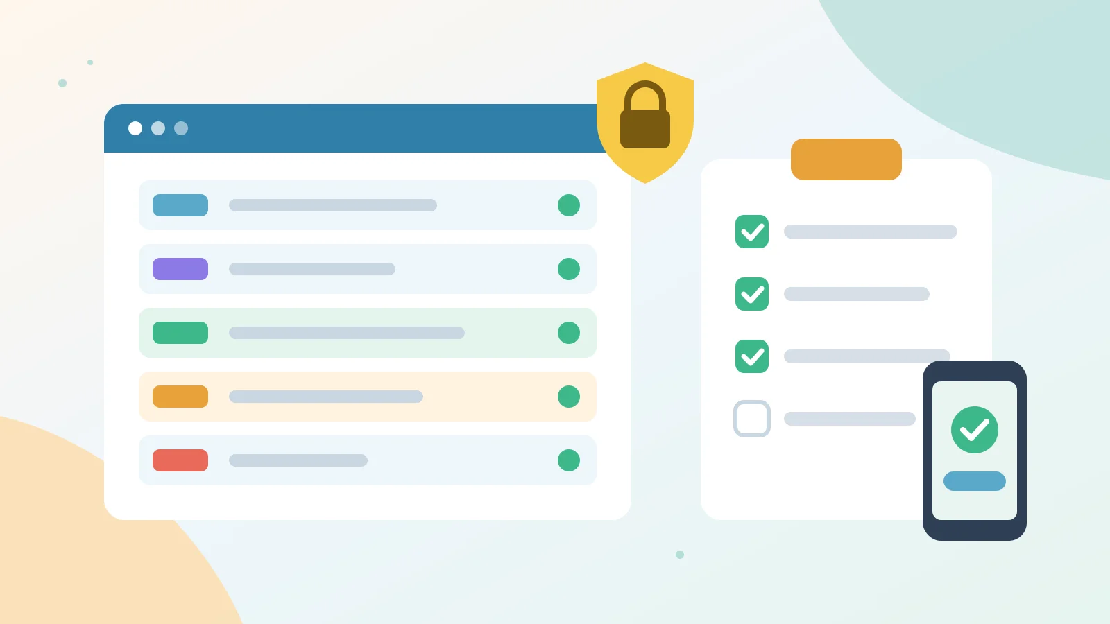 Flat illustration of a DNS records panel beside a security checklist with a shield and multi-factor phone prompt