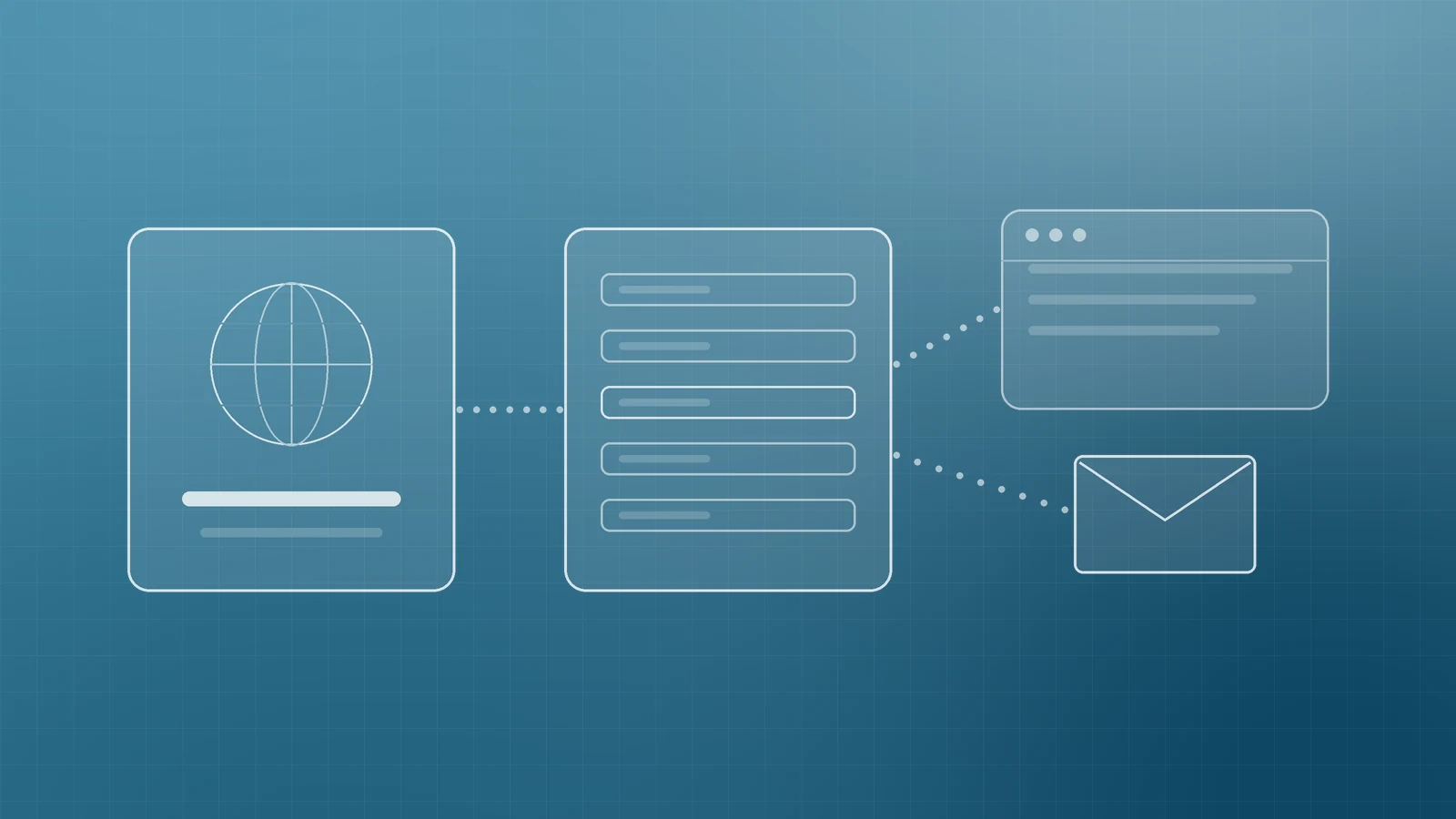 Illustration of a registrar card with a globe, a DNS records panel and a website and email envelope linked by dotted lines, representing the separate pieces behind a domain