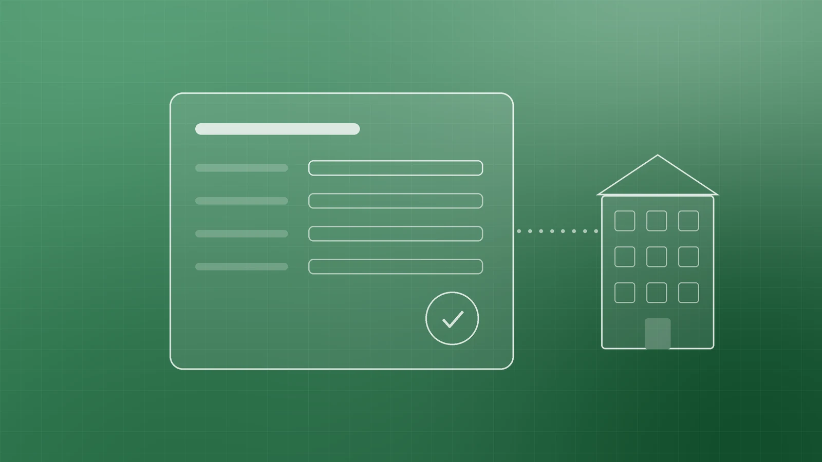 Illustration of a registration record card with a check mark linked to an office building, representing a domain registered in the business's own name
