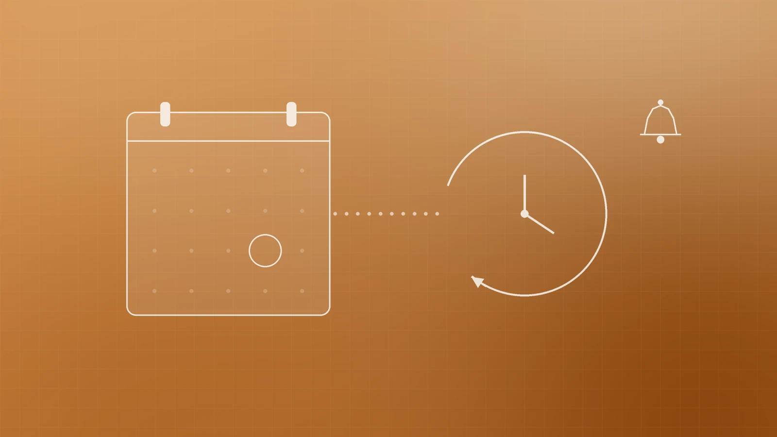 Illustration of a calendar with one date circled beside a clock with a renewal arrow and a bell, representing domain renewal reminders