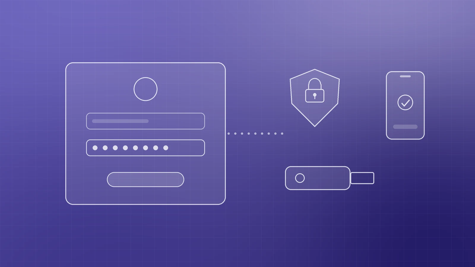 Illustration of a login panel with a masked password linked to a shield with a padlock, a phone approval prompt and a security key, representing locking down registrar and DNS accounts