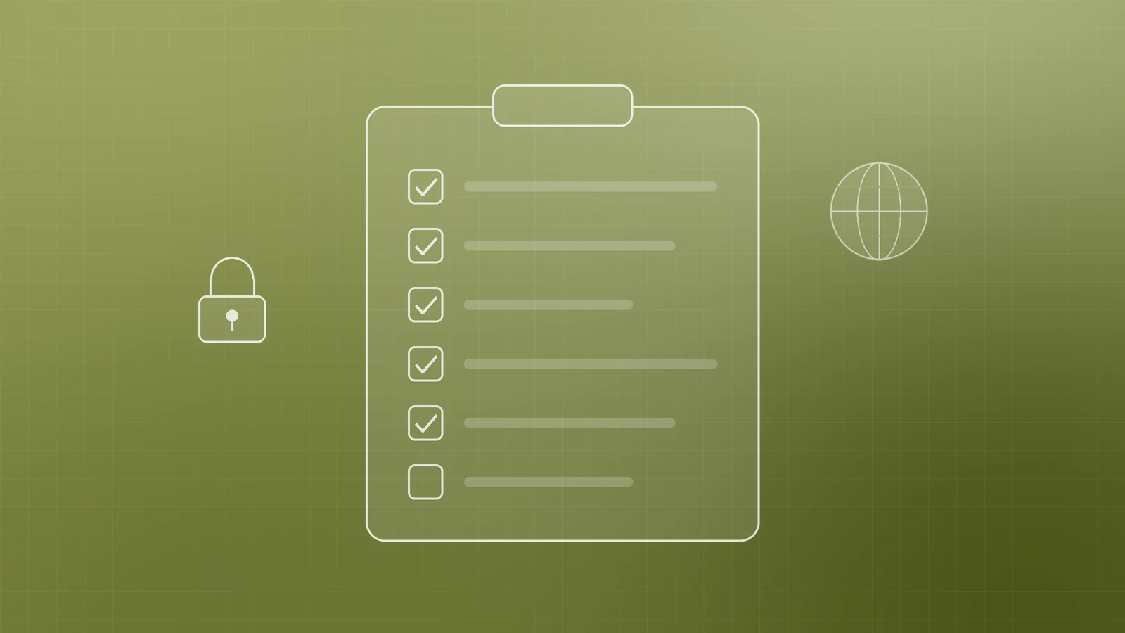 Illustration of a clipboard with a column of ticked boxes between a padlock and a globe, representing a domain protection checklist