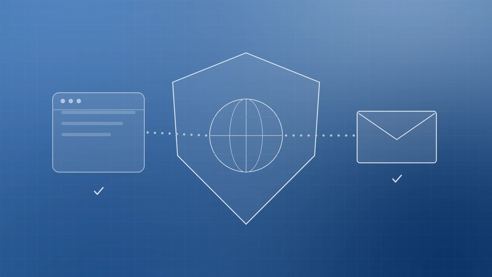 Illustration of a large shield around a globe linked by dotted lines to a website and an email envelope, both ticked, representing a protected business domain