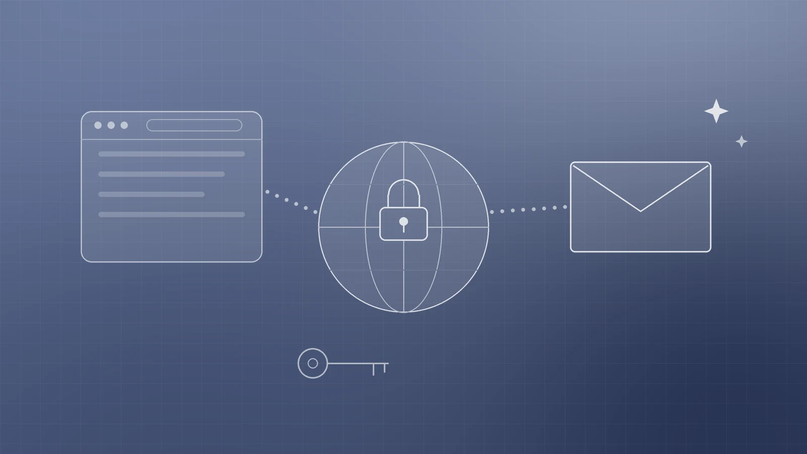 Abstract slate-blue illustration of a padlocked globe linked by dotted lines to a website and an email envelope, with a key below, representing owning and protecting a business domain