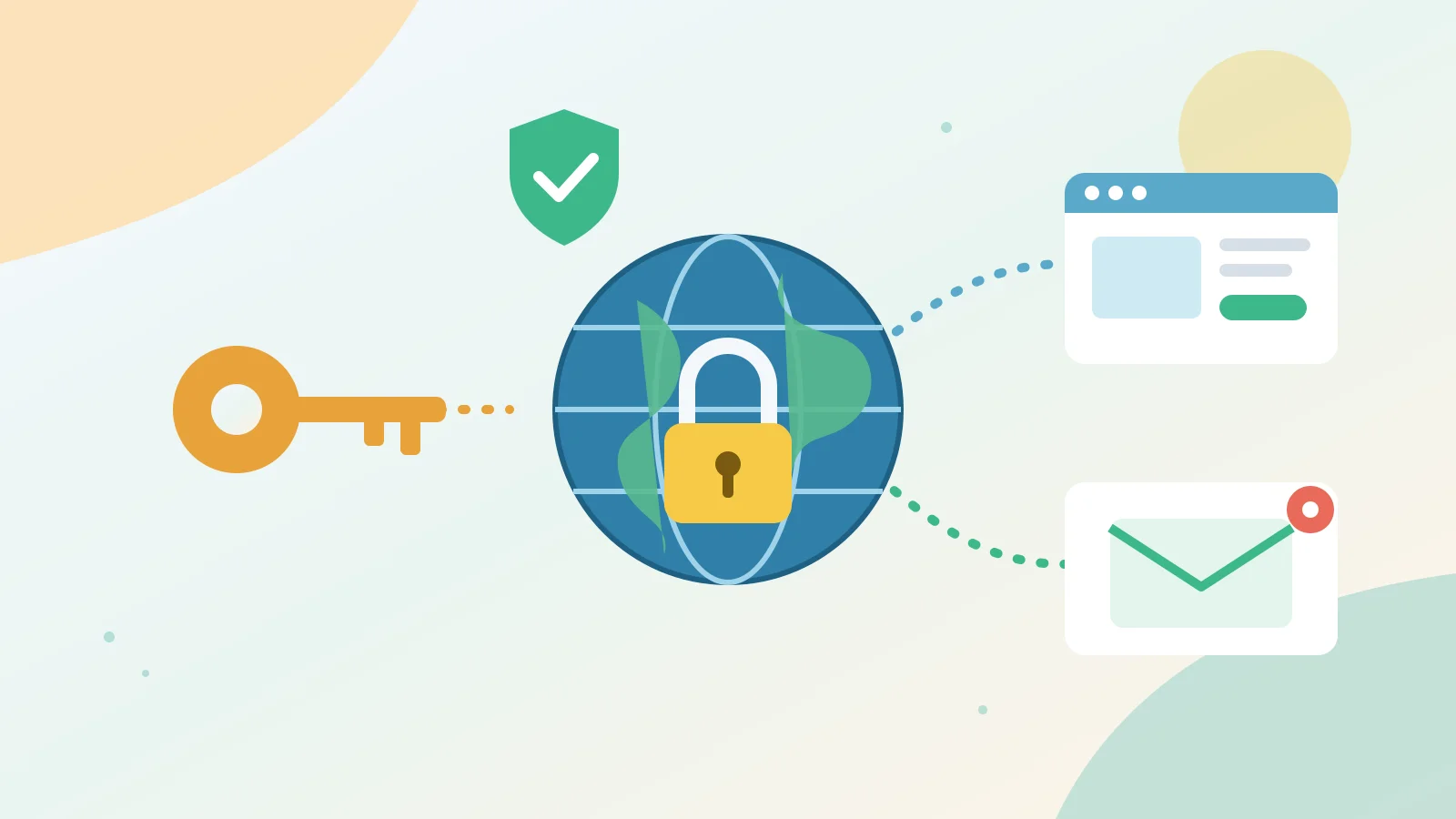 Flat illustration of a padlocked globe and a key connecting to a website and an email inbox