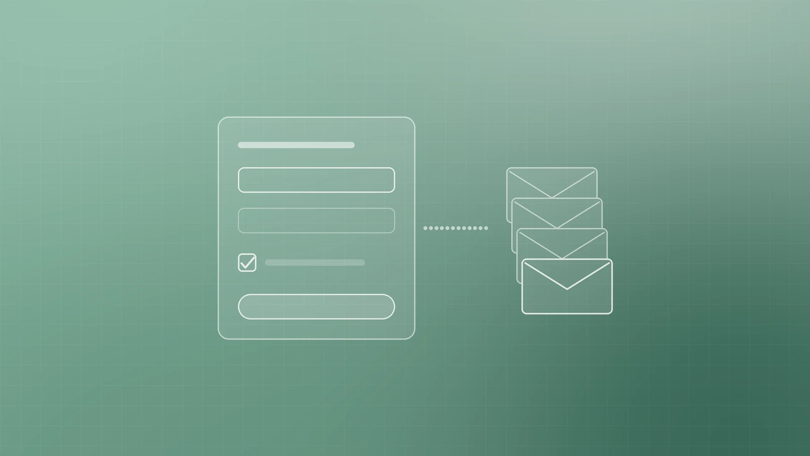Illustration of a sign-up form with a ticked checkbox linked by a dotted line to a growing stack of envelopes, representing growing an email list with consent