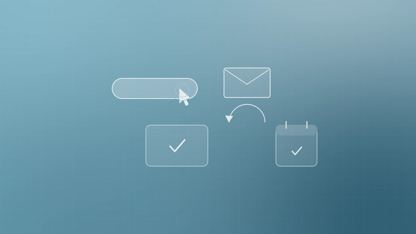 Illustration of a cursor clicking a button, an envelope with a reply arrow, a tick and a calendar with a tick, representing measuring clicks, replies and bookings from email