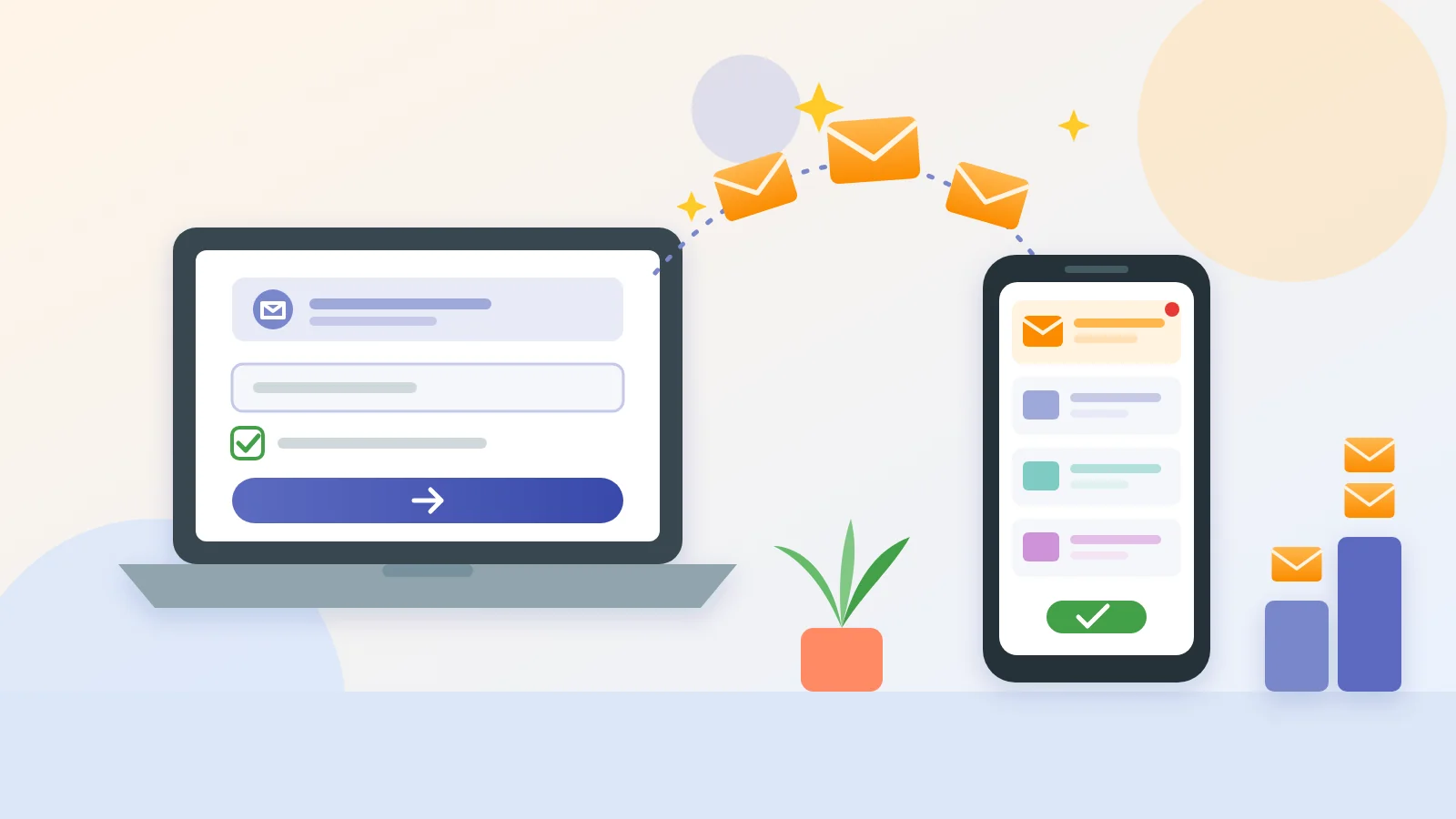 Flat illustration of a laptop sending envelopes along a dotted path to a smartphone inbox, from a sign-up form with a ticked checkbox, beside a small bar chart topped with envelopes