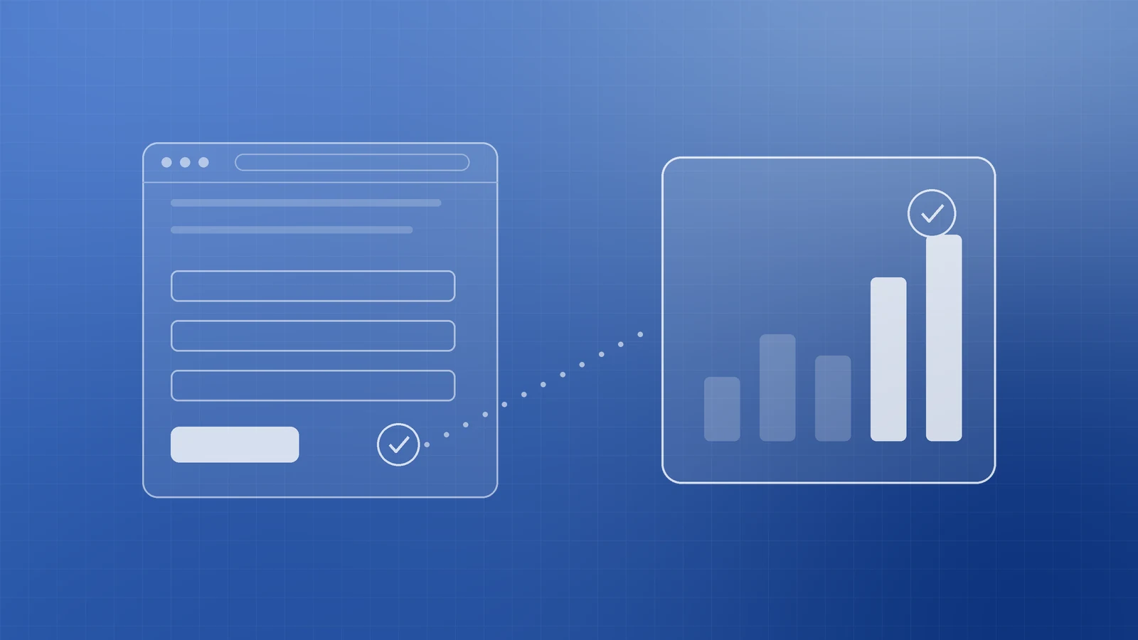 Illustration of a web page form with a ticked submit button linked by a dotted line to a rising bar chart, representing conversion tracking before spending on ads