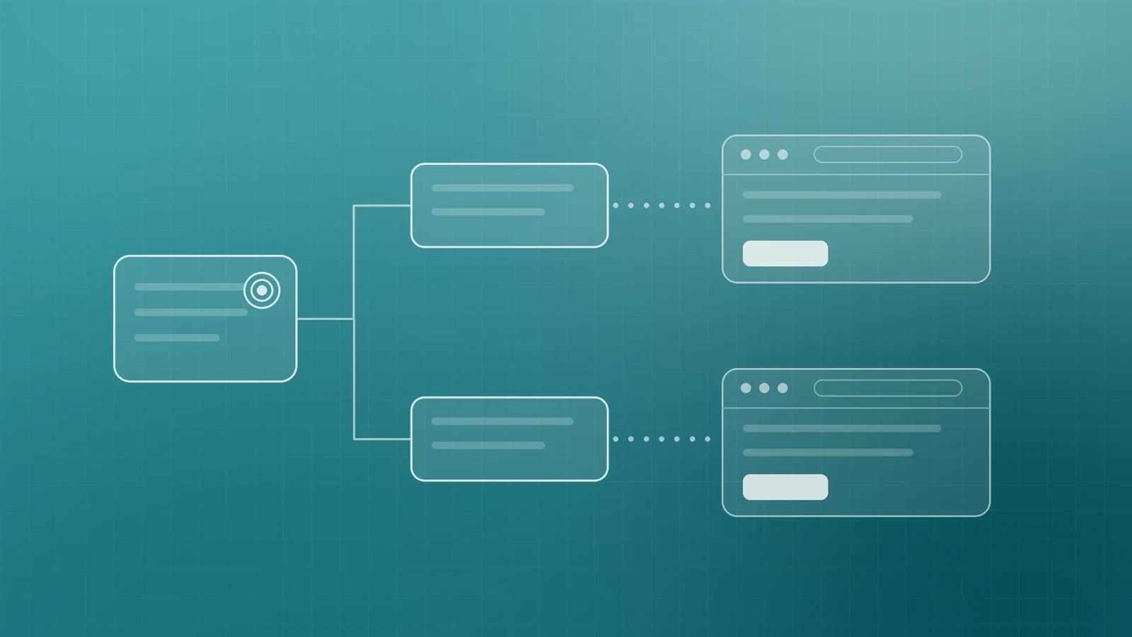 Illustration of one campaign card with a target branching into two ad group cards, each linked to its own landing page, representing a single focused Search campaign