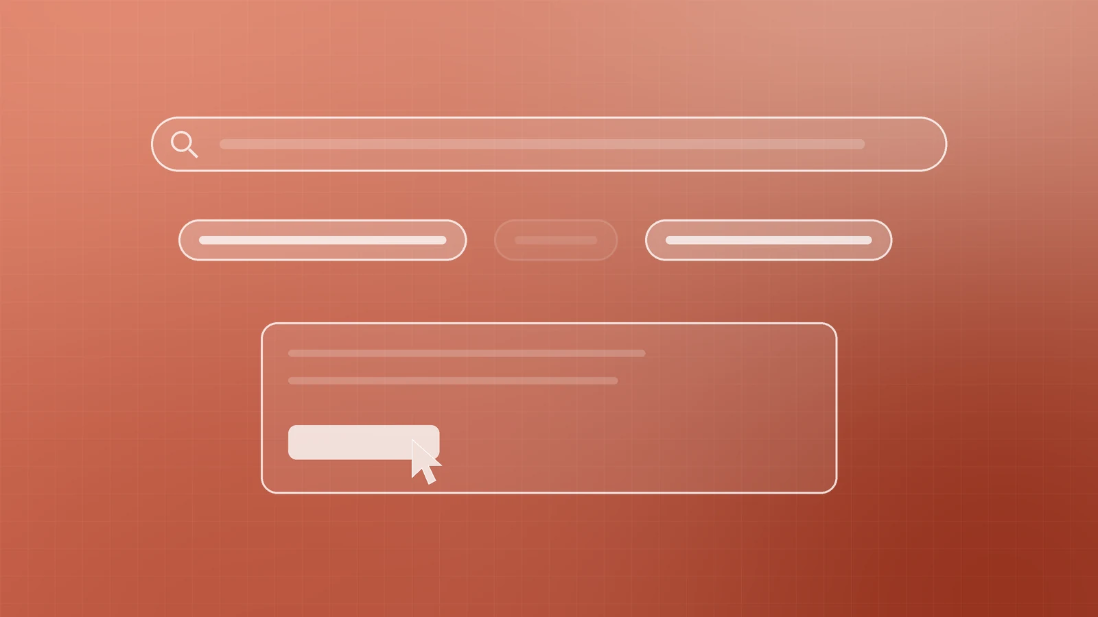 Illustration of a search bar above two highlighted specific keyword chips and one faded broad chip, with a cursor clicking the call to action on a result, representing keywords with buying intent