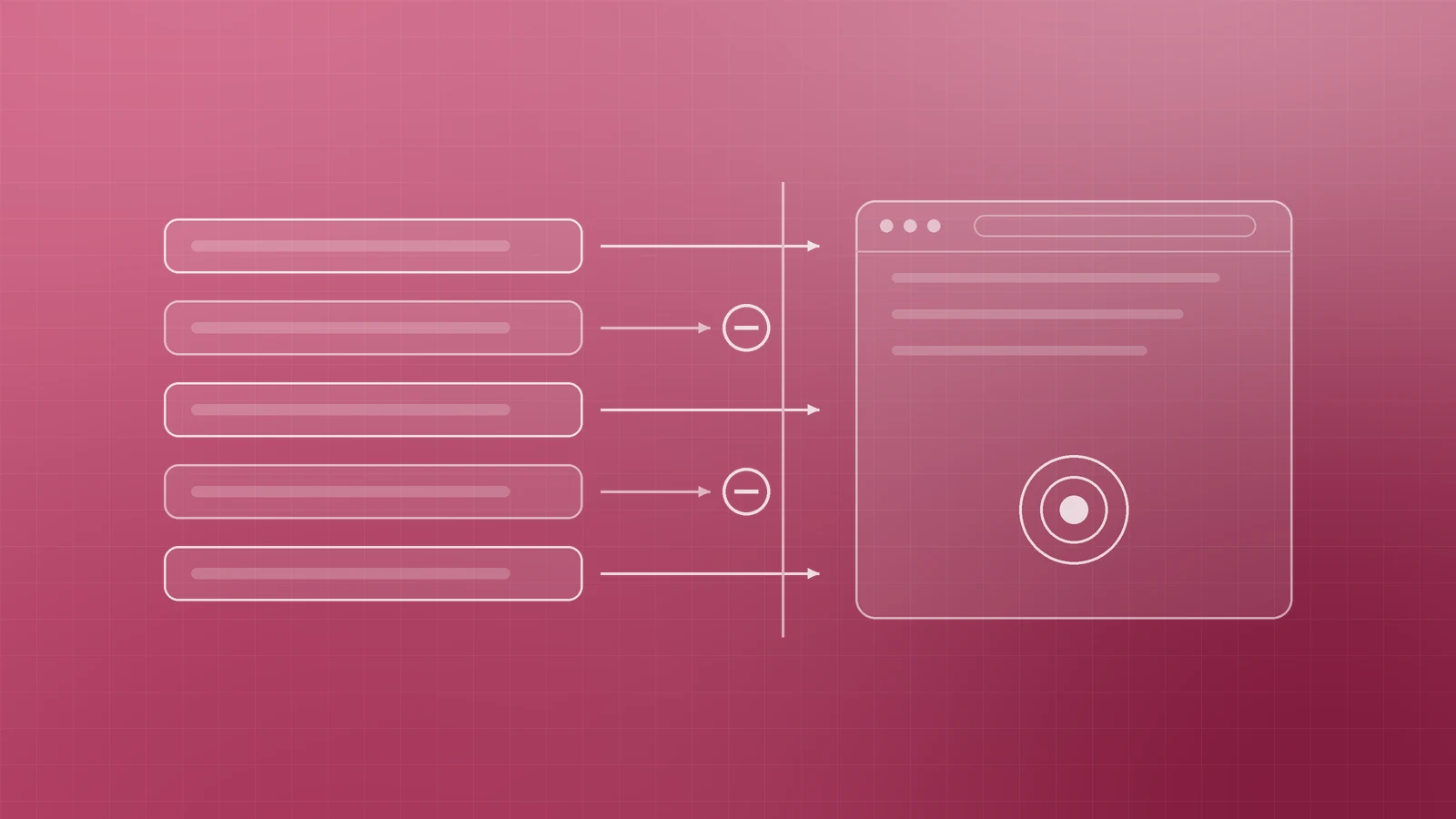 Illustration of search term rows flowing towards a landing page, with unwanted rows stopped by minus signs, representing negative keywords