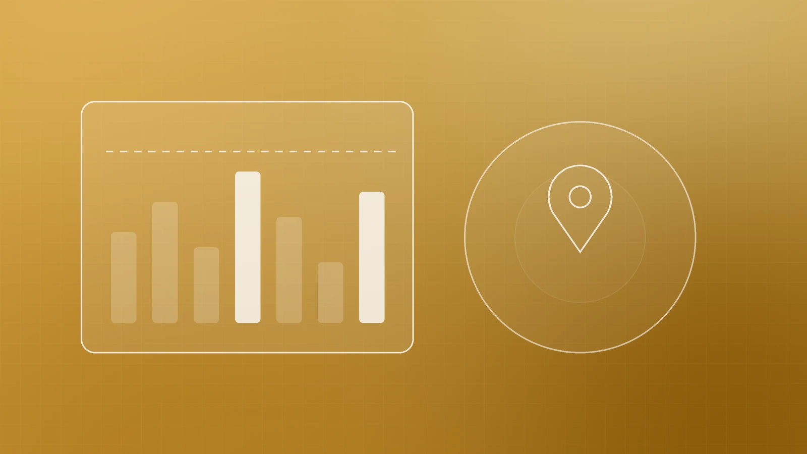 Illustration of daily spend bars below a dashed cap line beside a map pin inside a radius ring, representing daily budget and location targeting